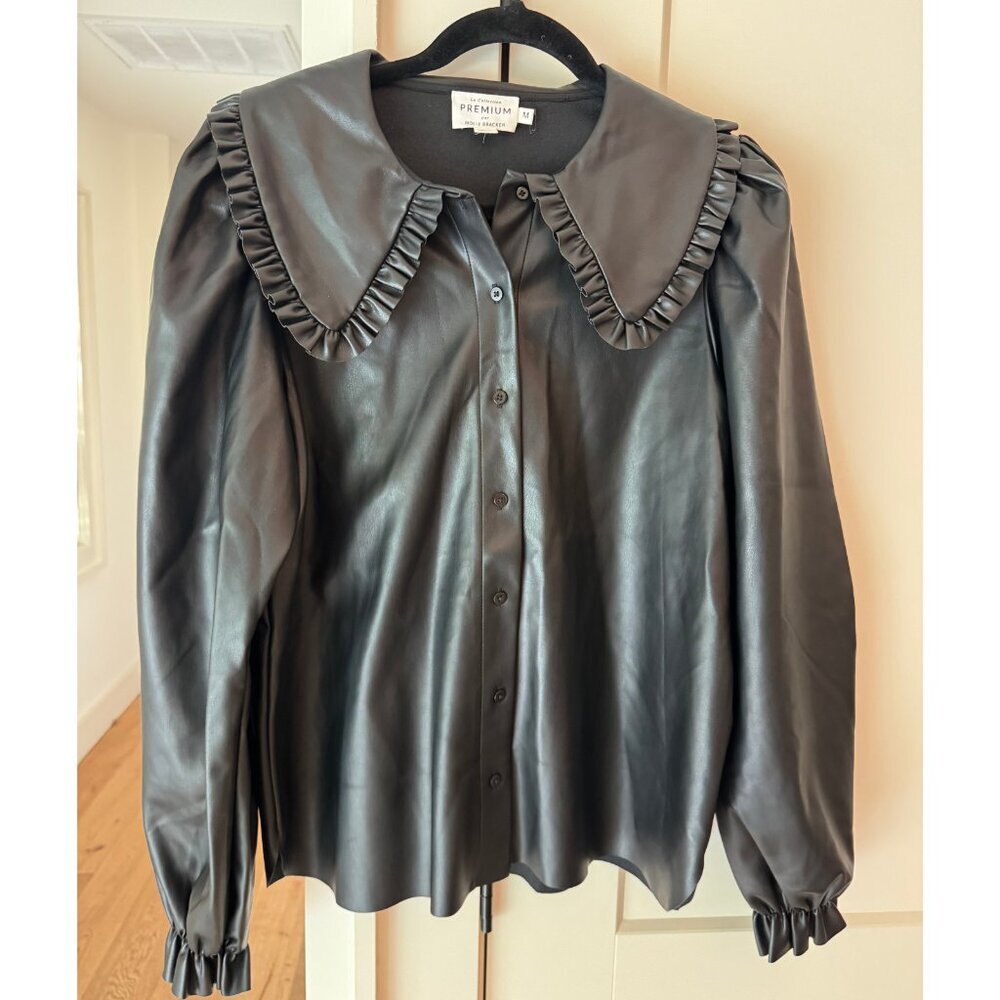 Molly Bracken Premium Faux Leather Puff Sleeve Ruffle Collar Blouse | M - Picture 1 of 7